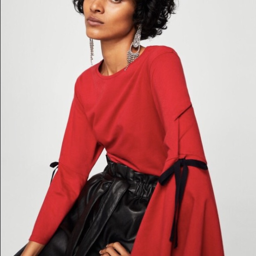 MANGO Red Flare Sleeve with Bows Tee Shirt Top